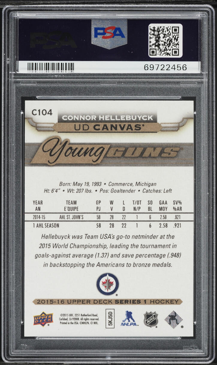 2015 Upper Deck Canvas Young Guns Connor Hellebuyck ROOKIE #C104 PSA 10 GEM MINT