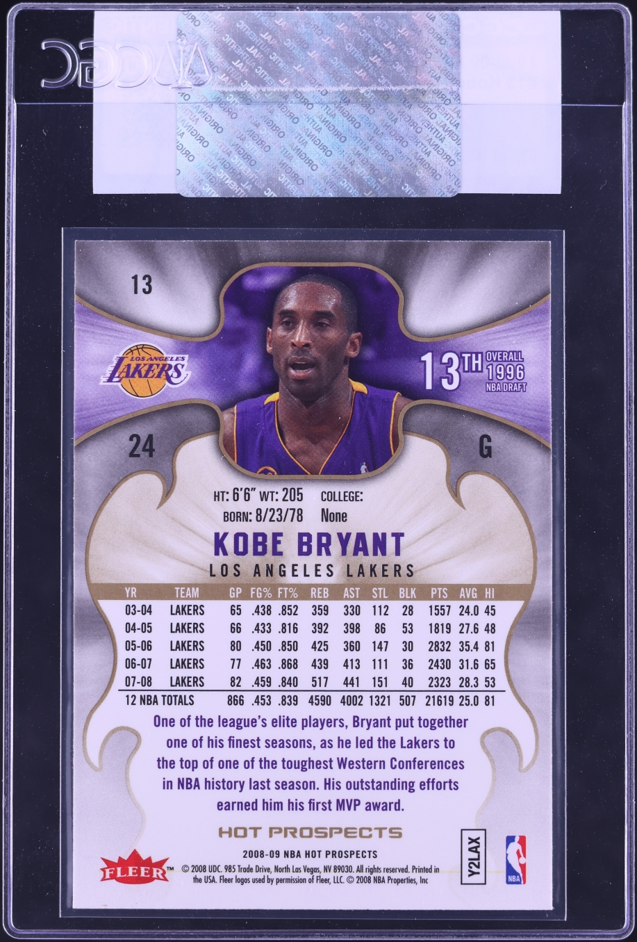 2008 Fleer Hot Prospects Kobe Bryant #13 CGC AUTH