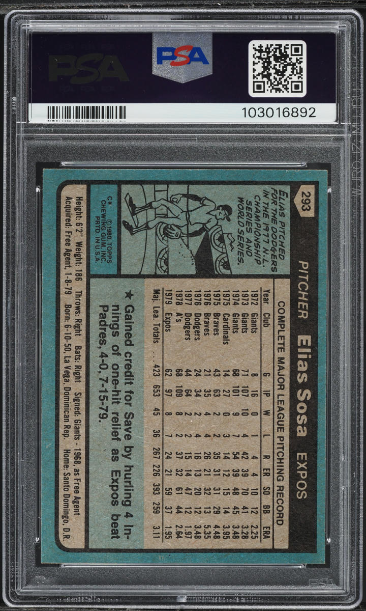 1980 Topps Elias Sosa #293 PSA 10 GEM MINT