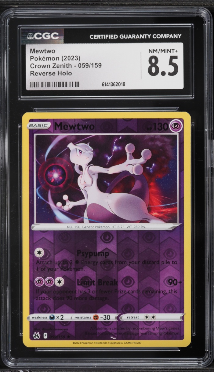 2023 Pokemon Sword & Shield Crown Zenith Reverse Holo Mewtwo #59 CGC 8.5 NM-MT+