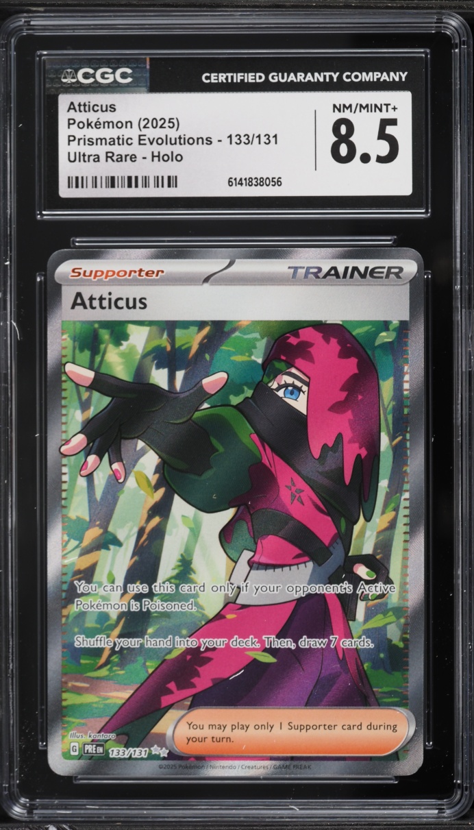 2025 Pokemon Scarlet & Violet Prismatic Evolutions Full Art Atticus #133 CGC 8.5 NM-MT+