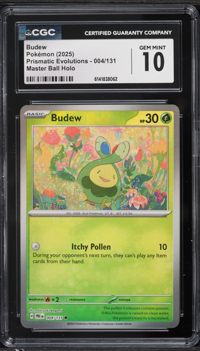 2025 Pokemon Scarlet & Violet Prismatic Evolutions Master Ball Holo Budew #4 CGC 10 GEM MINT