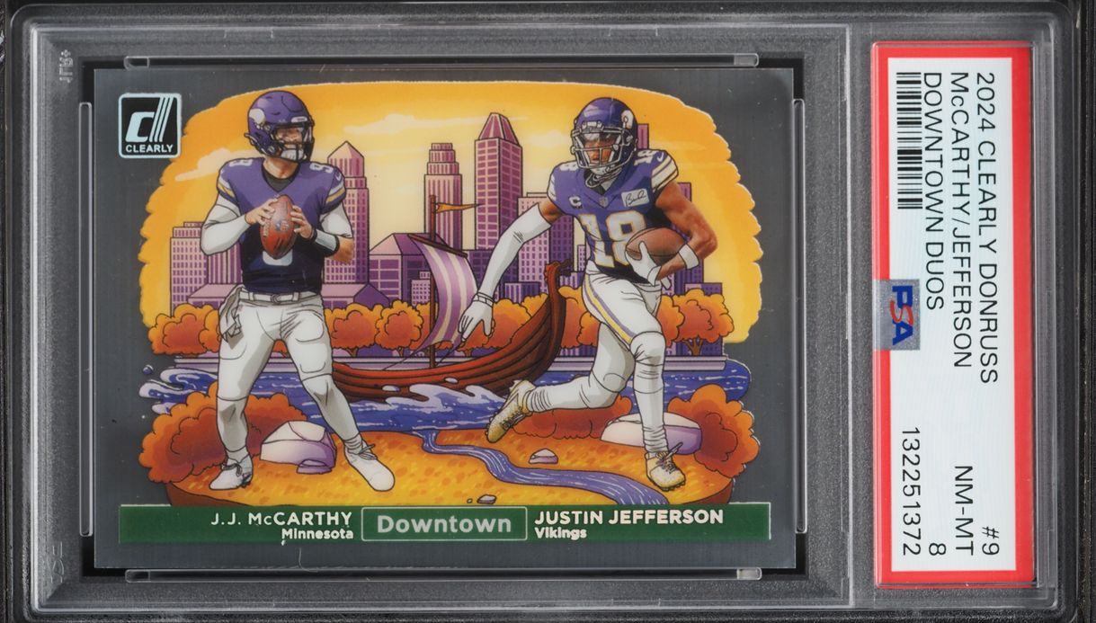 2024 Panini Clearly Donruss Downtown Duos Justin Jefferson & JJ McCarthy ROOKIE #9 PSA 8 NM-MT