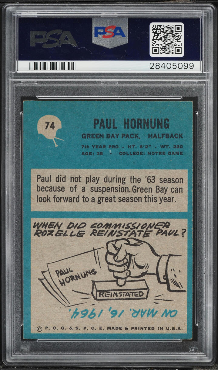 1964 Philadelphia Football Paul Hornung #74 PSA 5 EX