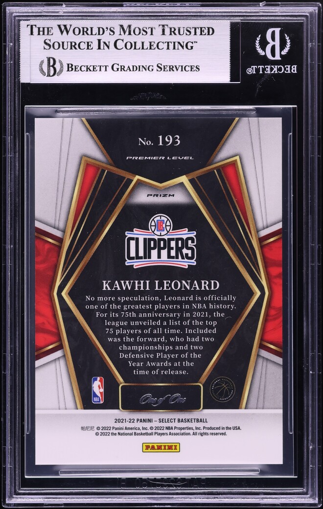 2021 Select Premier Level Black Disco Prizm Kawhi Leonard 1/1 #193 BGS 8.5 NM-MT+
