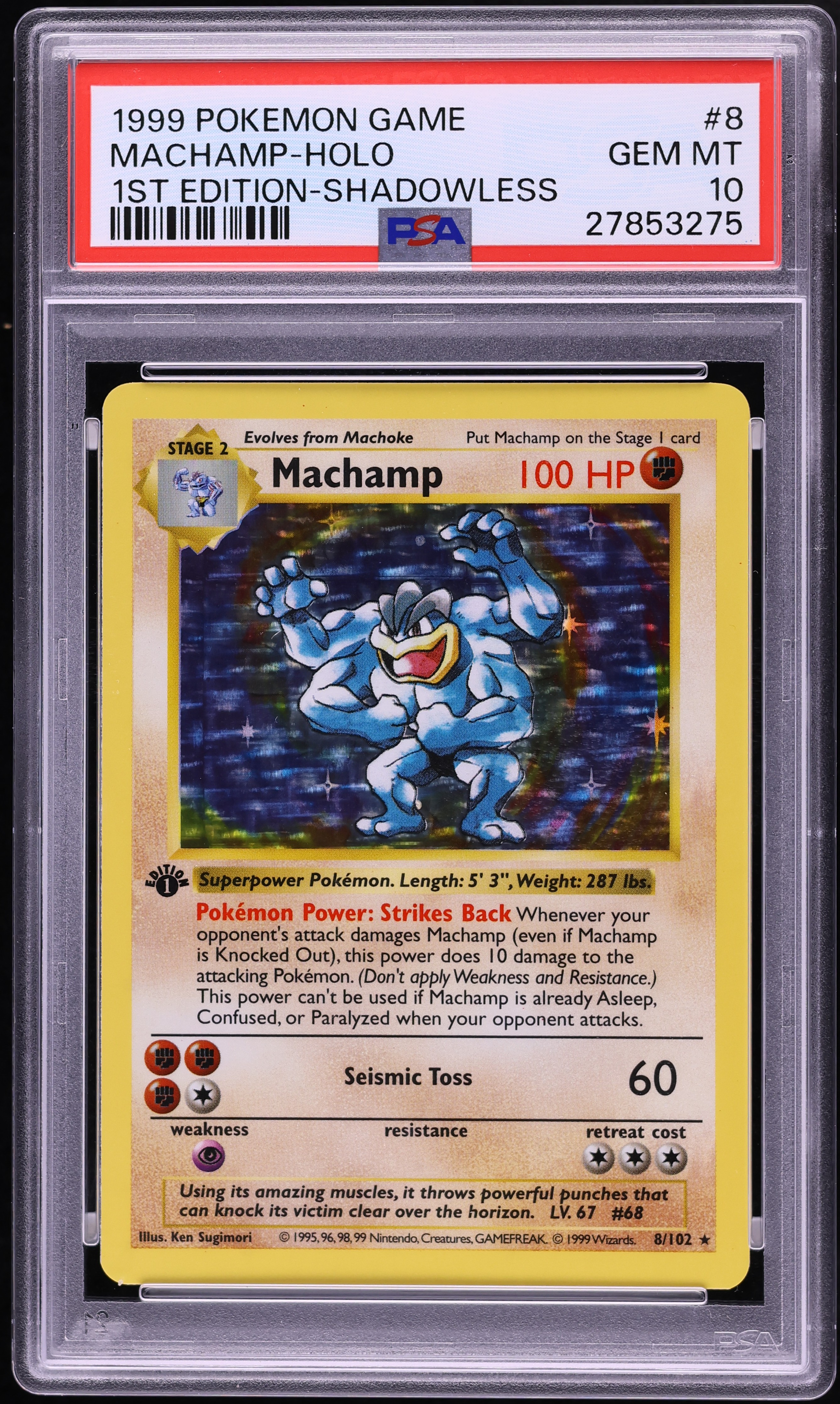 1999 Pokemon Base Set Shadowless 1st Edition Holo Machamp #8 PSA 10 GEM MINT