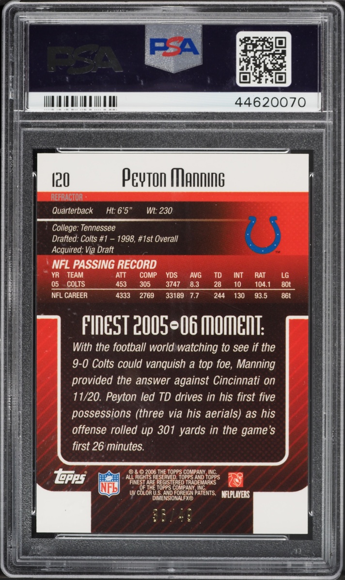 2006 Finest Gold Refractor Peyton Manning /49 #120 PSA 10 GEM MINT