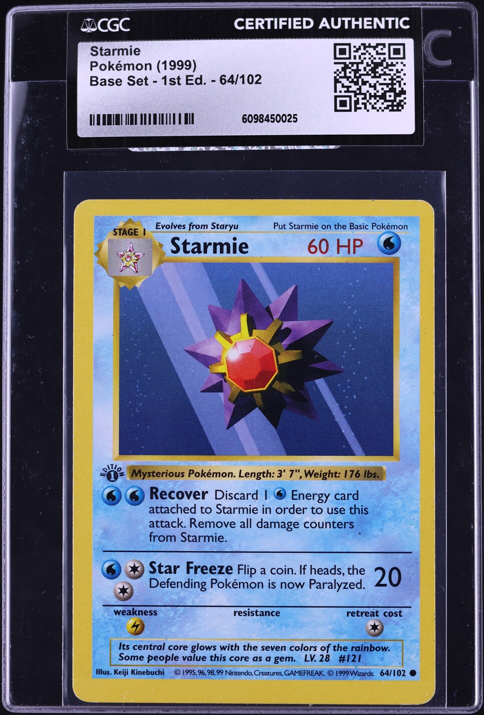 1999 Pokemon Base Set Shadowless 1st Edition Starmie #64 CGC AUTH