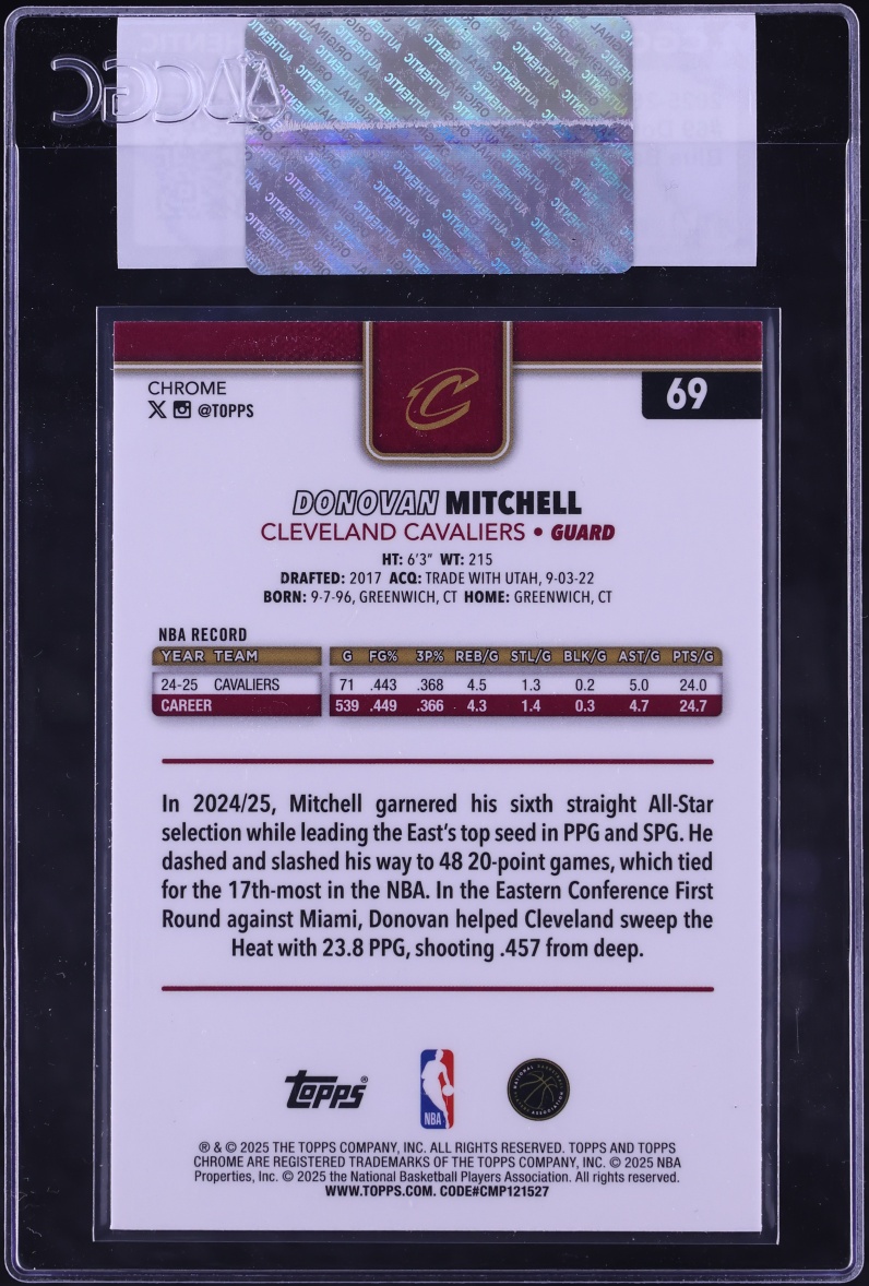 2025 Topps Chrome Blue Basketball Refractor Donovan Mitchell /150 #69 CGC AUTH