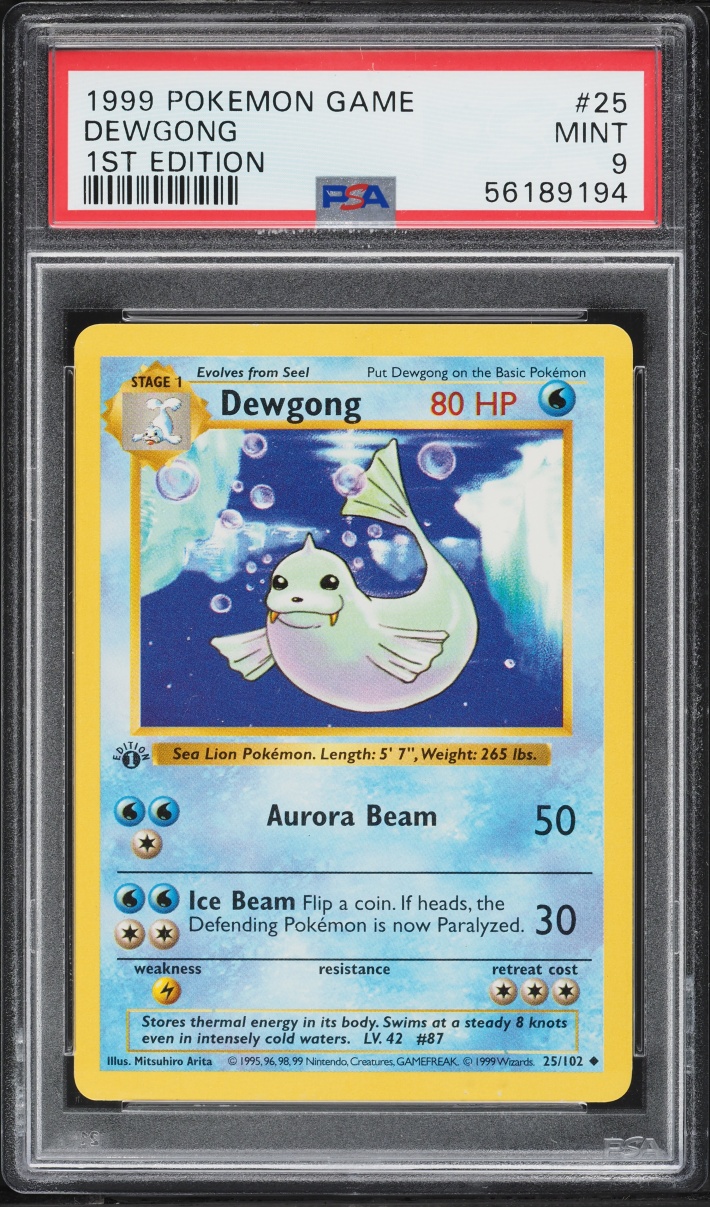 1999 Pokemon Base Set Shadowless 1st Edition Dewgong #25 PSA 9 MINT