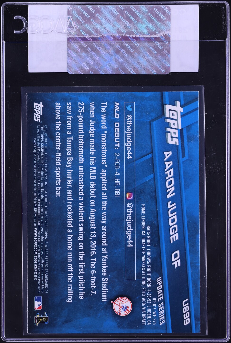 2017 Topps Update Aaron Judge ROOKIE #US99 CGC AUTH