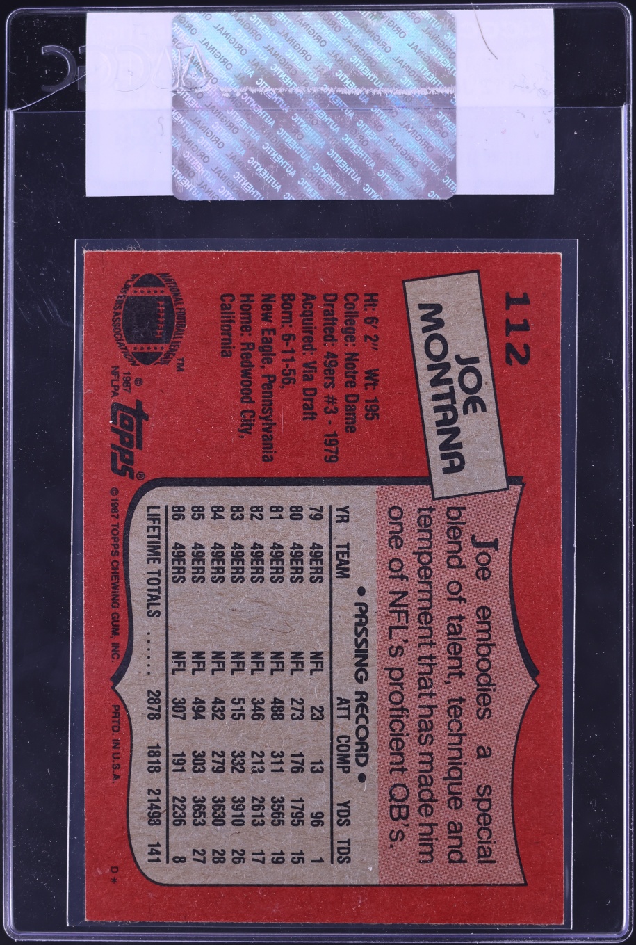 1987 Topps Football Joe Montana #112 CGC AUTH