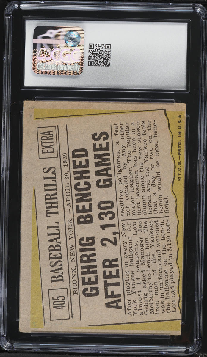 1961 Topps Lou Gehrig BENCHED AFTER 2130 GAMES #405 CGC 3 VG