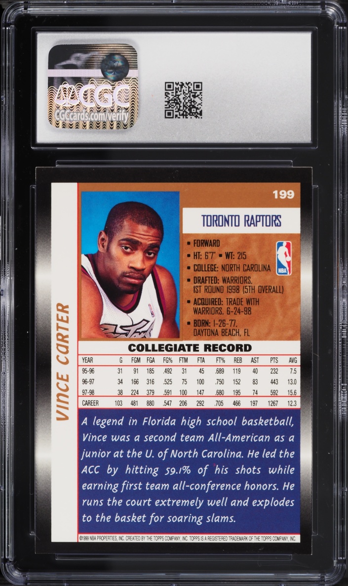 1998 Topps Basketball Vince Carter ROOKIE #199 CGC 9 MINT