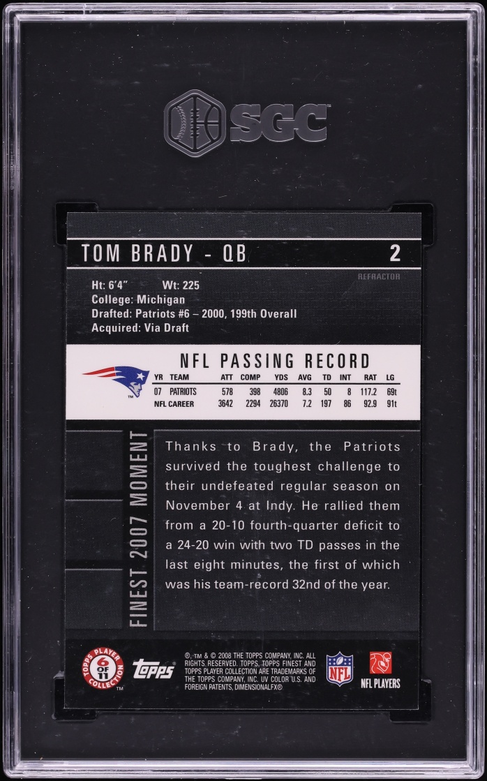 2008 Finest Blue Refractor Tom Brady #2 SGC 10 GEM MINT