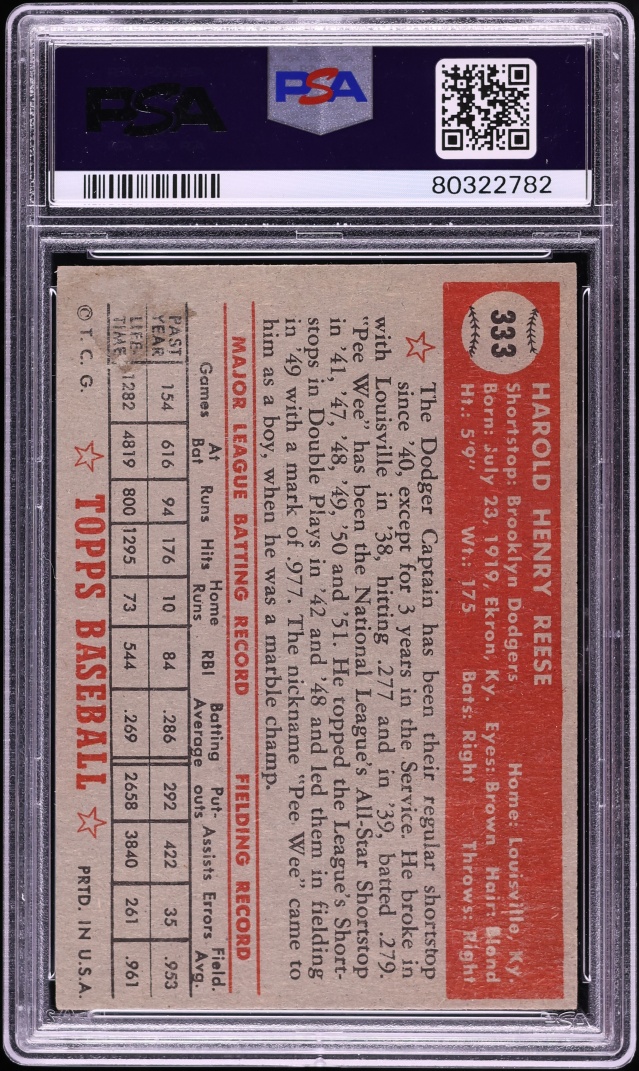 1952 Topps Pee Wee Reese #333 PSA 2 GD