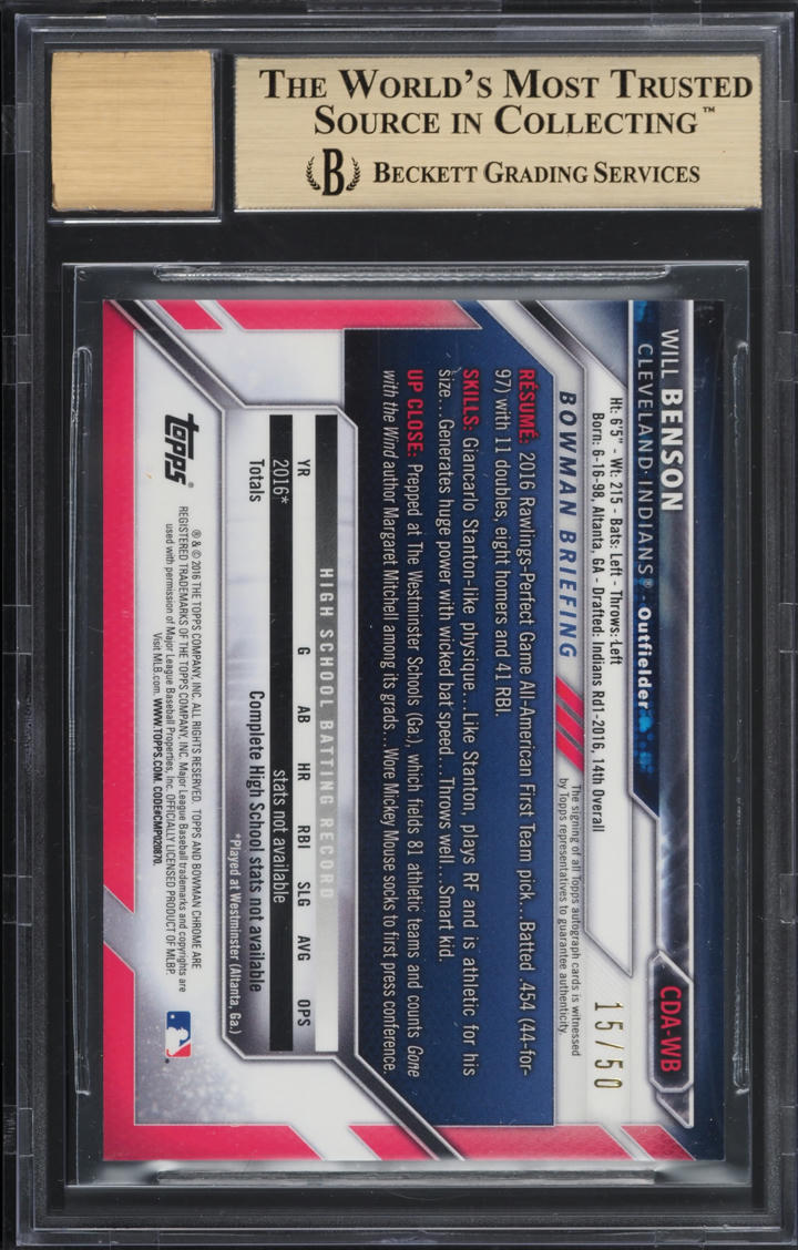 2016 Bowman Chrome Gold Wave Refractor Will Benson PROSPECT AUTO /50 BGS 9.5 GEM