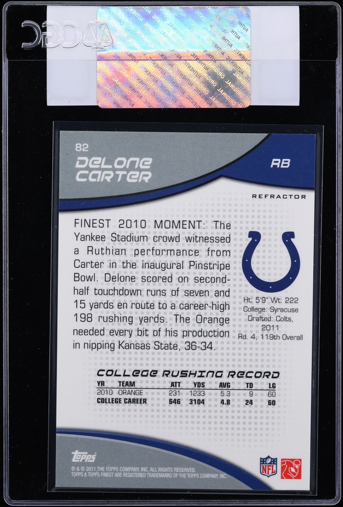 2011 Finest Mosaic Refractor Delone Carter ROOKIE /10 #82 CGC AUTH - Photo 2