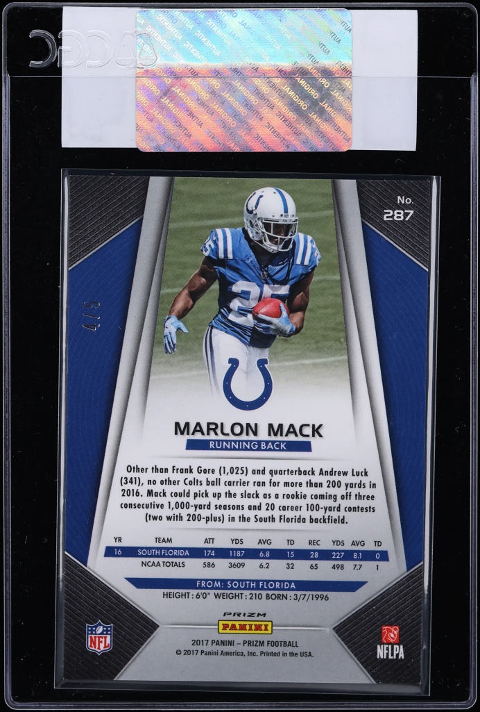 2017 Panini Prizm Gold Vinyl Marlon Mack ROOKIE /5 #287 CGC AUTH - Photo 2