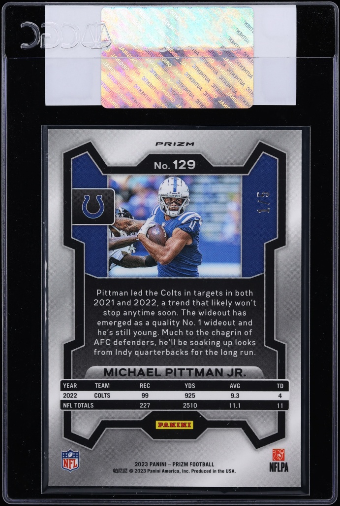 2023 Panini Prizm Gold Vinyl Michael Pittman Jr. 1/5 #129 CGC AUTH - Photo 2