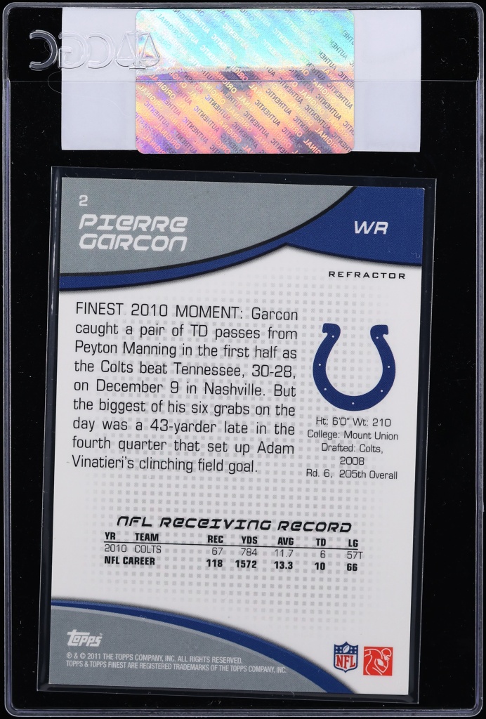 2011 Finest Mosaic Refractor Pierre Garcon 1/10 #2 CGC AUTH - Photo 2