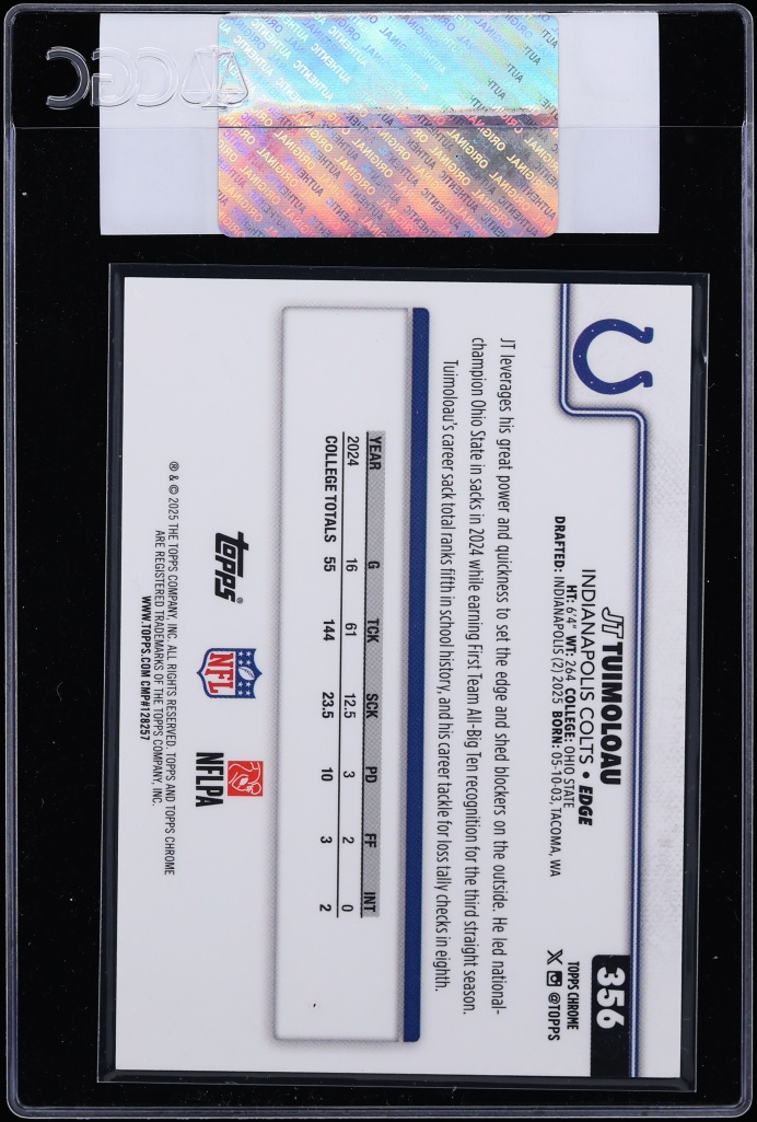2025 Topps Chrome Red Geometric Refractor JT Tuimoloau ROOKIE /5 #356 CGC AUTH - Photo 2