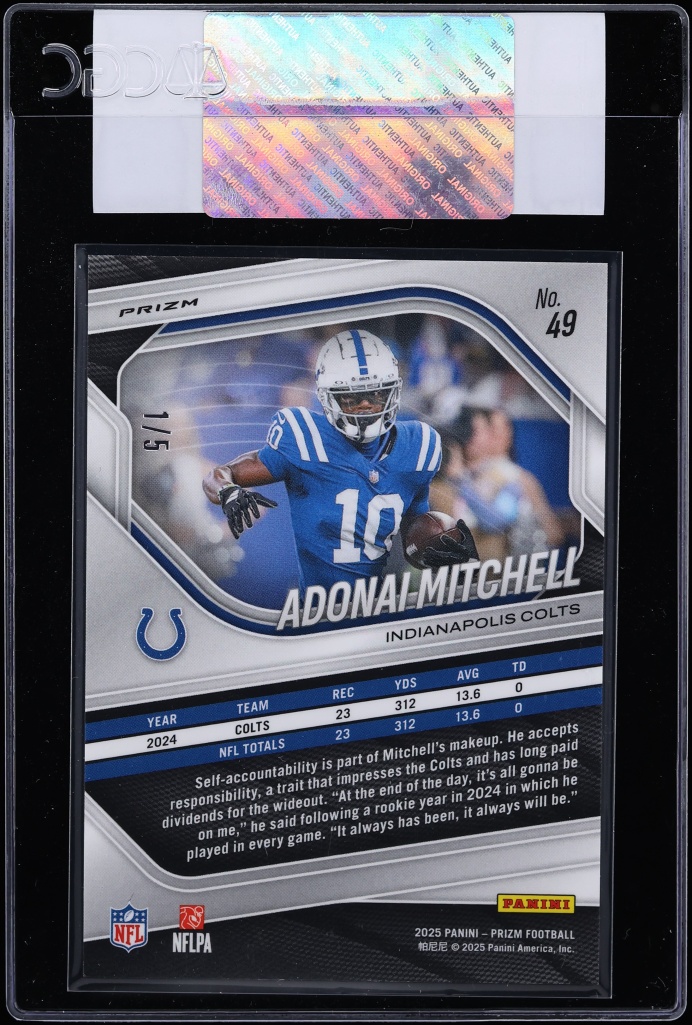 2025 Panini Prizm Gold Vinyl Adonai Mitchell 1/5 #49 CGC AUTH - Photo 2