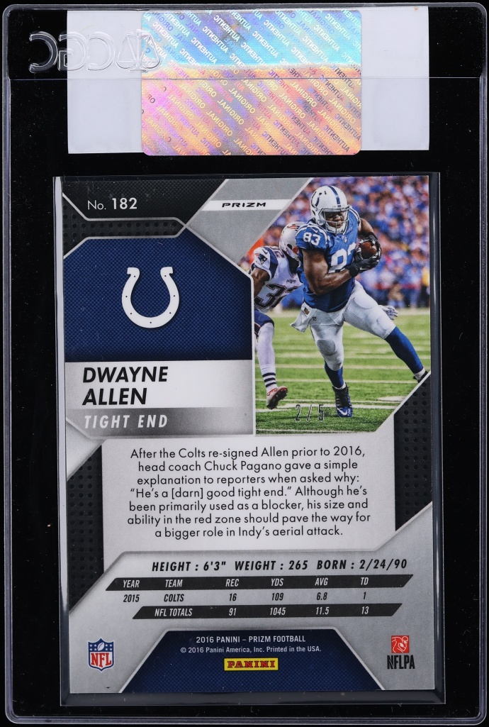 2016 Panini Prizm Gold Vinyl Dwayne Allen /5 #182 CGC AUTH - Photo 2