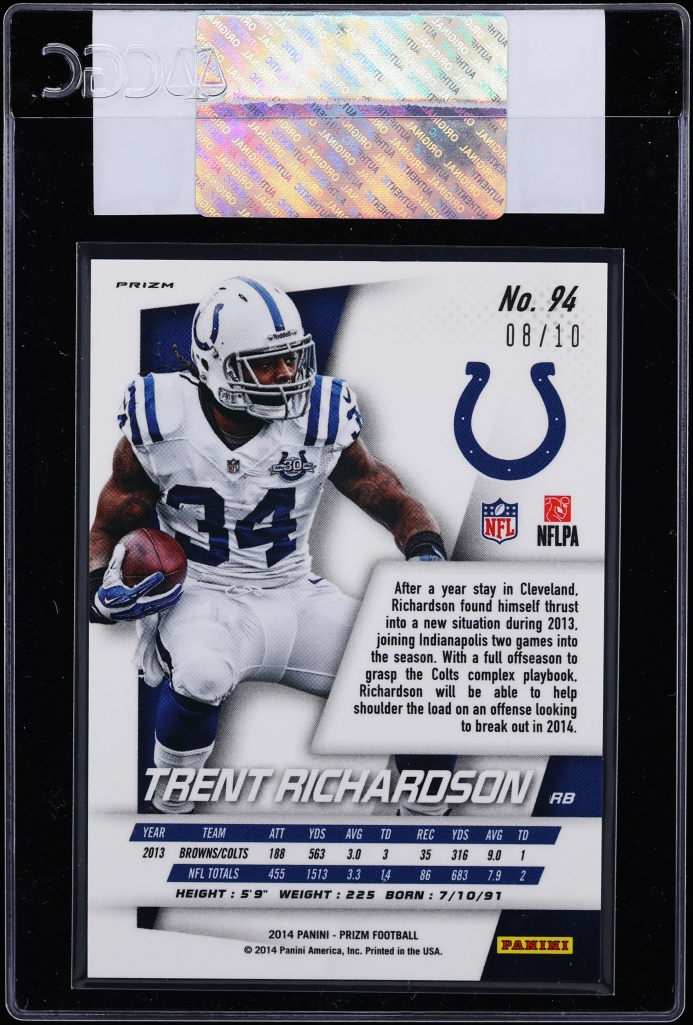 2014 Panini Prizm Gold Trent Richardson /10 #94 CGC AUTH - Photo 2