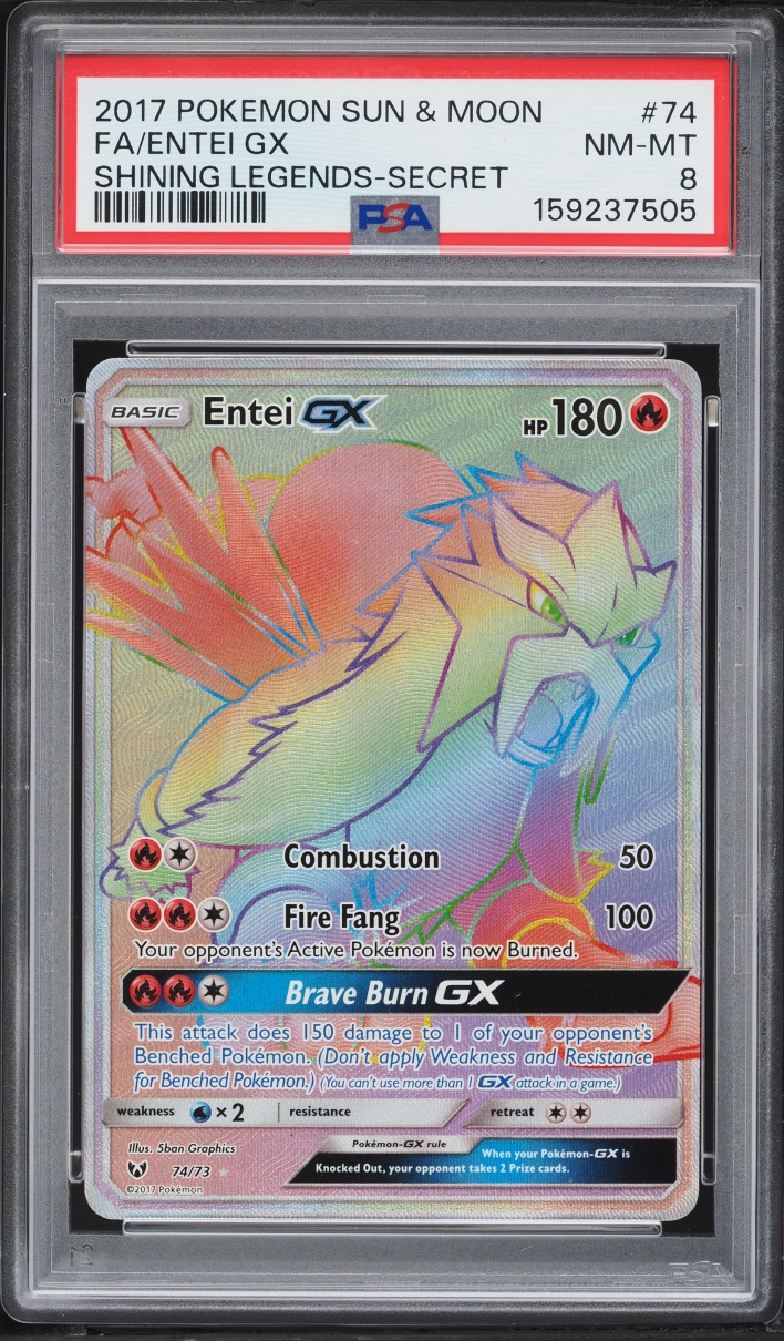 2017 Pokemon Sun & Moon Shining Legends Rainbow Rare Entei GX #74 PSA 8 NM-MT