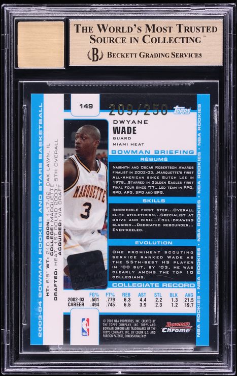2003 Bowman Chrome Dwyane Wade ROOKIE AUTO /250 #149 BGS 9.5 GEM MINT - Photo 2