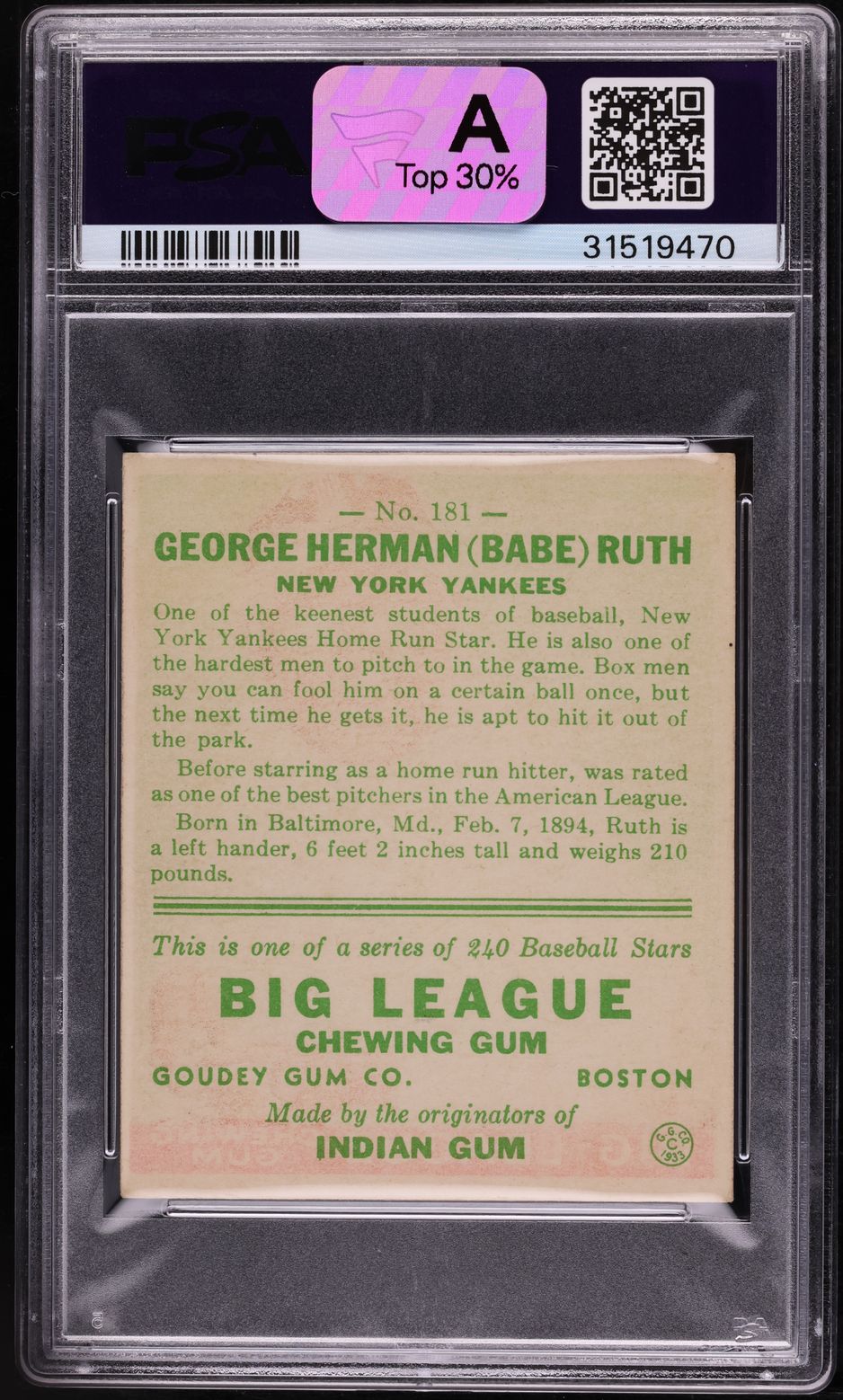 1933 Goudey Babe Ruth #181 PSA 8 NM-MT