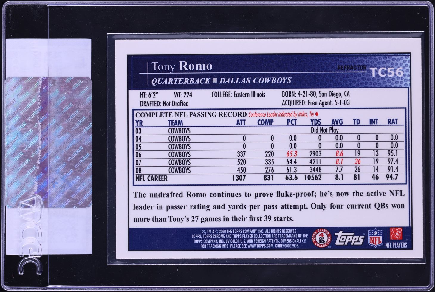 2009 Topps Chrome Refractor Tony Romo #TC56 CGC AUTH