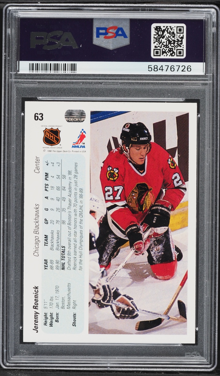 1990 Upper Deck Hockey Jeremy Roenick ROOKIE #63 PSA 8 NM-MT