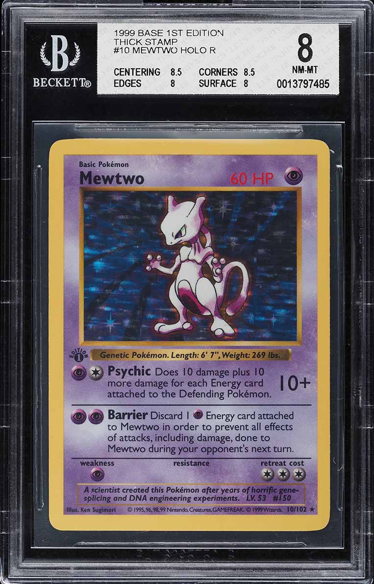 1999 Pokemon Base Set Shadowless 1st Edition Holo Thick Stamp Mewtwo #10 BGS 8