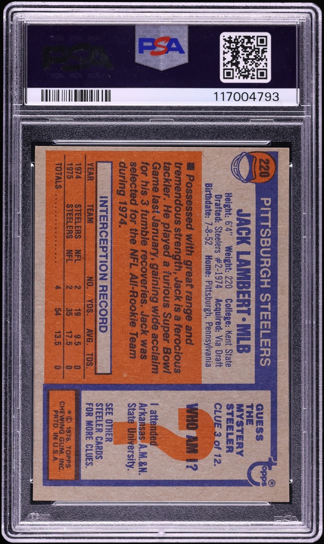 1976 Topps Football Jack Lambert ROOKIE #220 PSA 6 EXMT