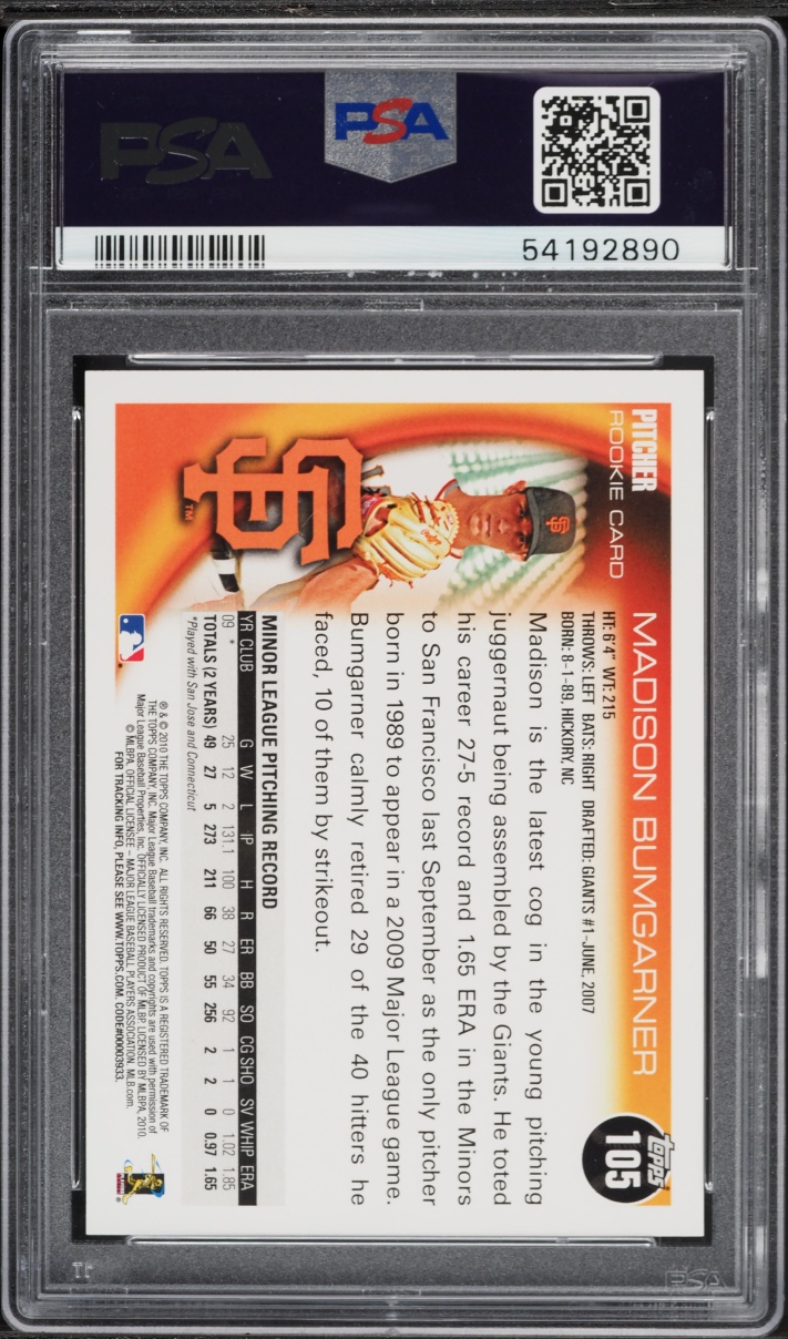 2010 Topps Madison Bumgarner ROOKIE #105 PSA 10 GEM MINT