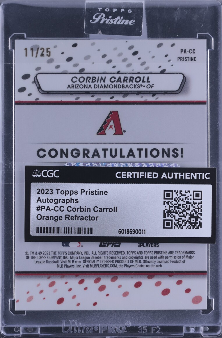 2023 Topps Pristine Orange Refractor Corbin Carroll RC AUTO /25 #PA-CC CGC AUTH