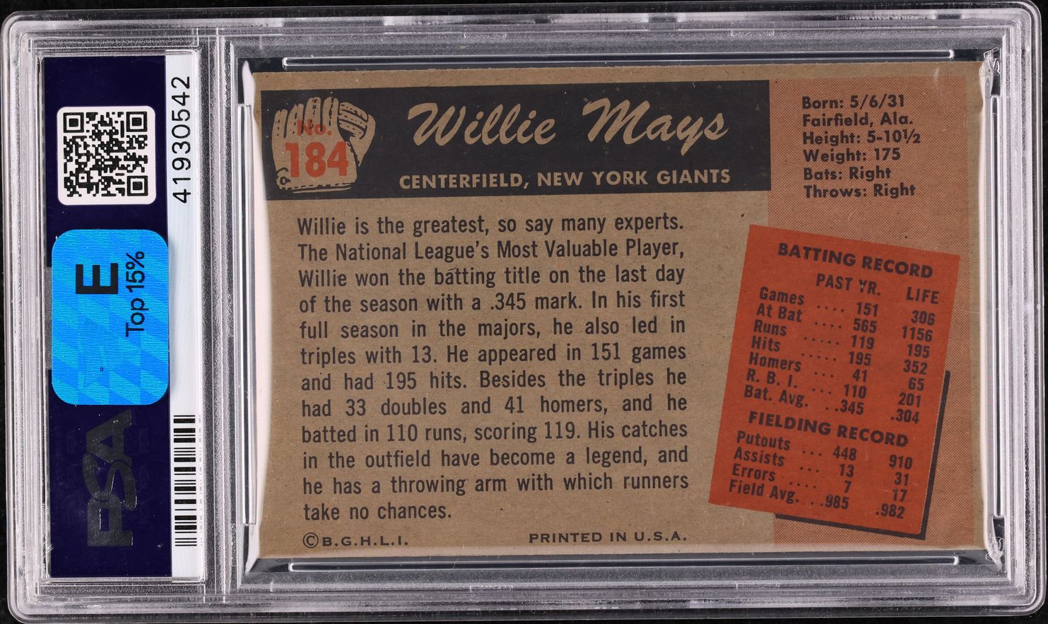 1955 Bowman Willie Mays #184 PSA 5 EX
