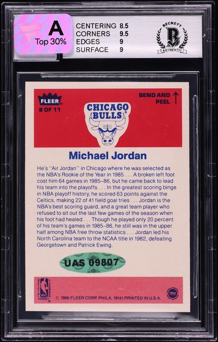 1986 Fleer Sticker Michael Jordan ROOKIE AUTO #8 BAS BGS 9 MINT - Photo 2