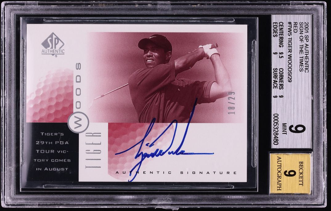 2001 SP Authentic Sign Of The Times Red Tiger Woods ROOKIE AUTO /29 #TW BGS 9 MINT
