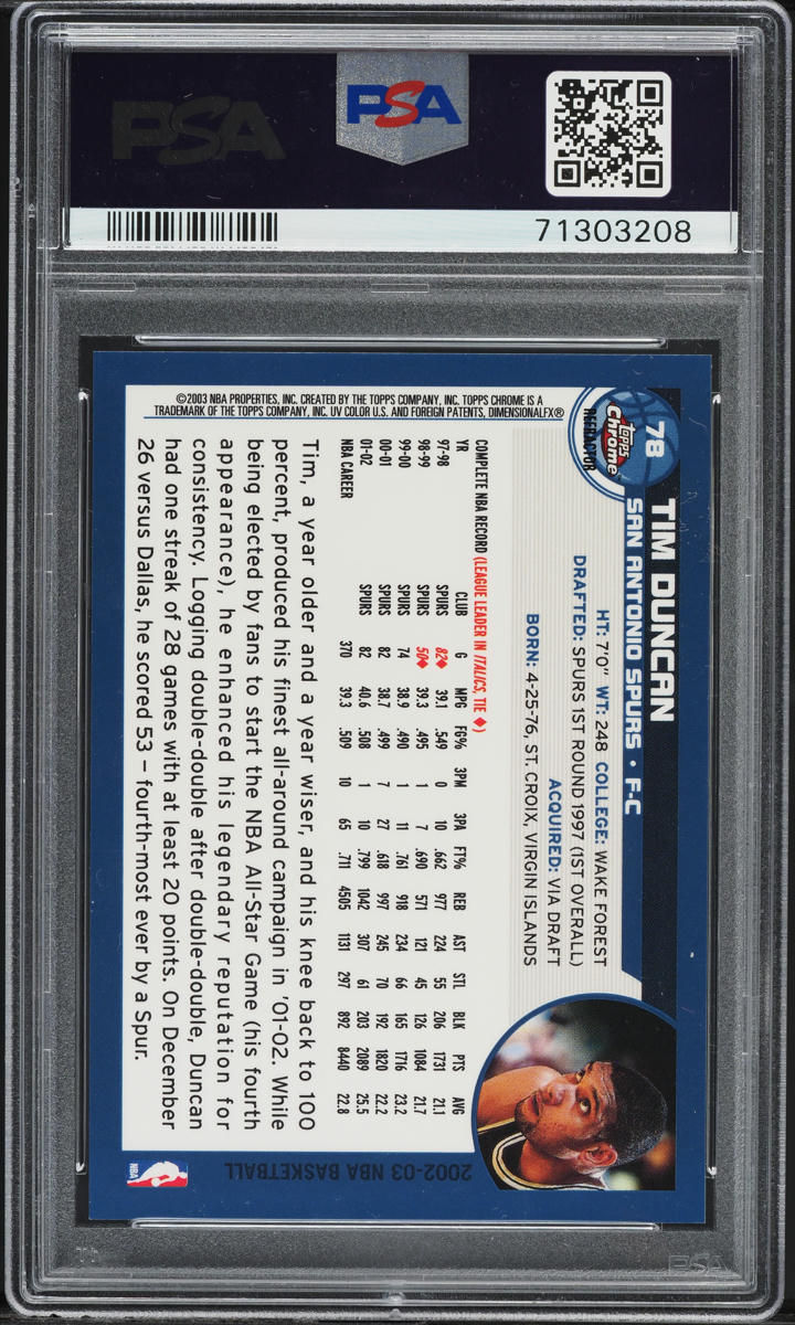 2002 Topps Chrome Refractor Tim Duncan #78 PSA 10 GEM MINT