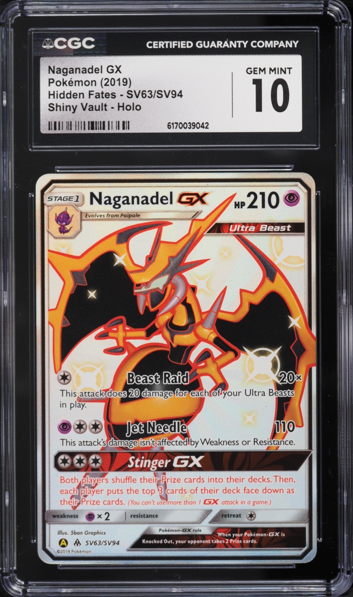 2019 Pokemon Sun & Moon Hidden Fates Shiny Vault Full Art Naganadel Gx #SV63 CGC 10 GEM MINT