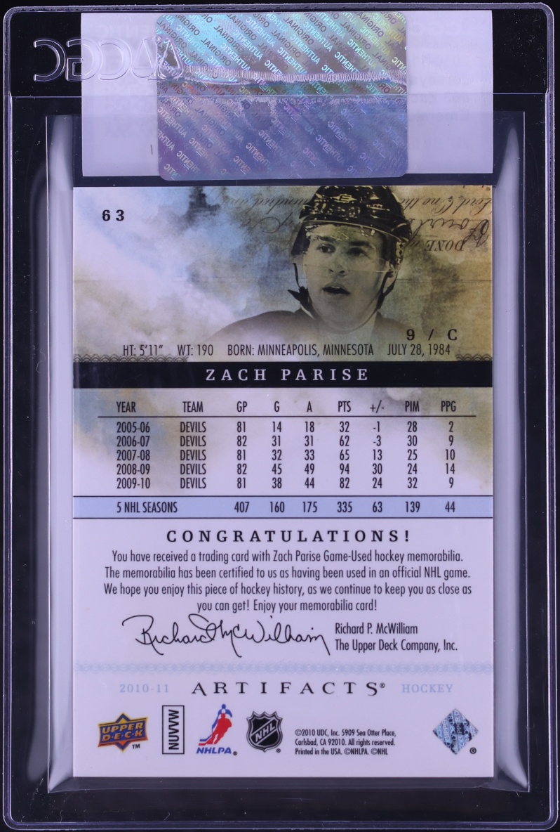 2010 Upper Deck Artifacts Jerseys Emerald Zach Parise PATCH /50 #63 CGC AUTH