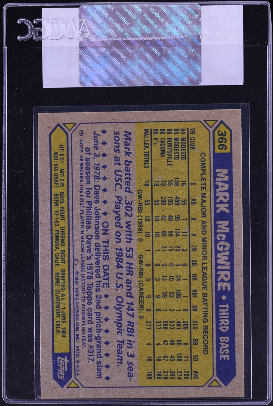 1987 Topps Mark McGwire ROOKIE #366 CGC AUTH