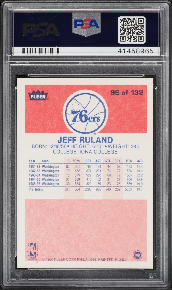 1986 Fleer Basketball Jeff Ruland #96 PSA 9 MINT