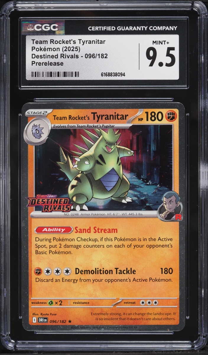2025 Pokemon SV Destined Rivals Prerelease Team Rocket's Tyranitar #96 CGC 9.5 MINT+