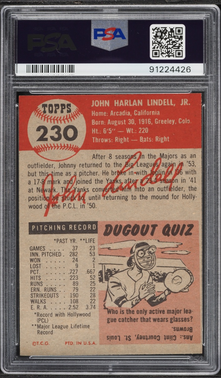 1953 Topps Johnny Lindell #230 PSA 6 EXMT