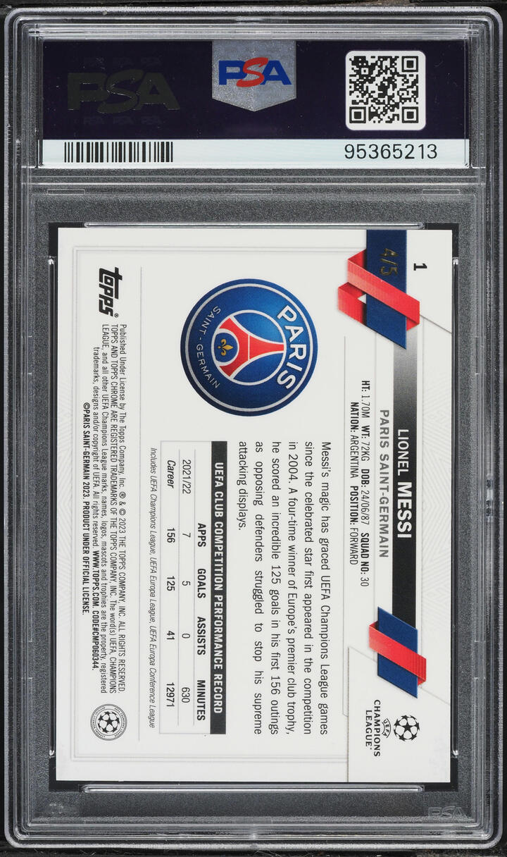 2022 Topps Chrome UEFA Club Competitions Sapphire Red Lionel Messi SP /5 #1 PSA 10 GEM MINT
