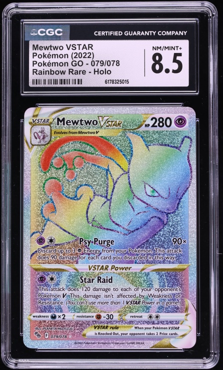 2022 Pokemon Sword & Shield Pokemon GO Rainbow Rare Mewtwo VSTAR #79 CGC 8.5 NM-MT+